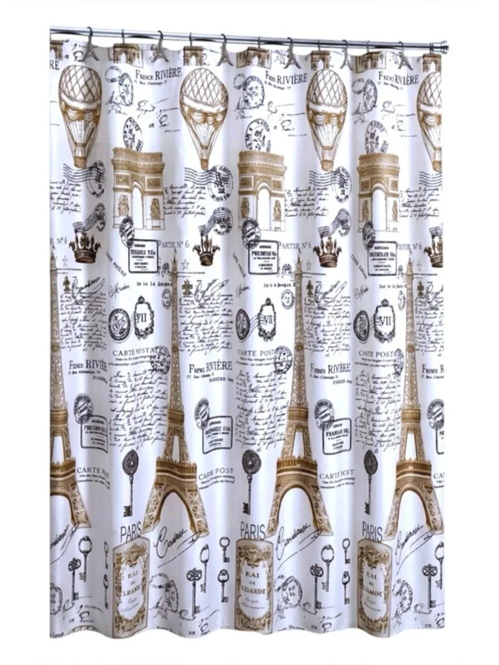 Paris Eiffel Tower Material Fabric Shower Curtain White Gold 70’x 72” NEW